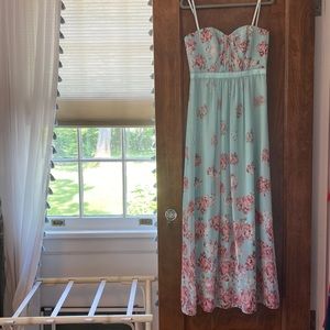 BCBG strapless dress. Size 8. Blue with pink flowers.
